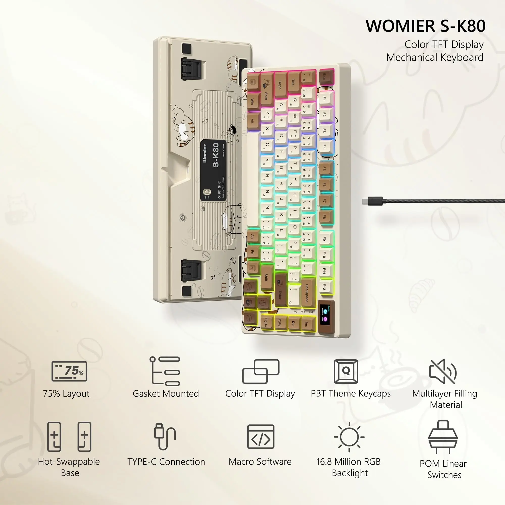 Womier S-K80 Tastiera Coffee Cat al 75% con display OLED Tastiera da gioco meccanica Guarnizione tastiera hot swap Tastiera personalizzata RGB