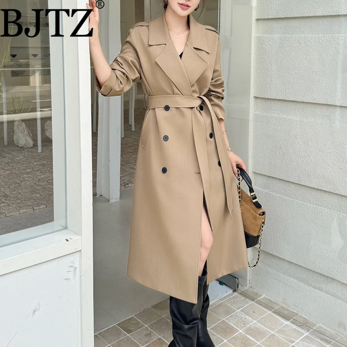 

BJTZ 2026 Spring Autumn Women's Khaki Trench Coat - Elegant Longline Versatile Chic Timeless Outerwear