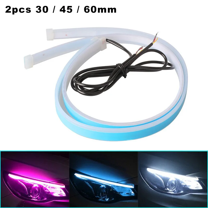 2pcs LED DRL Car Daytime Running Light Flexible Waterproof Strip Auto Headlights White Turn Signal Yellow Brake Flow Lights 12V