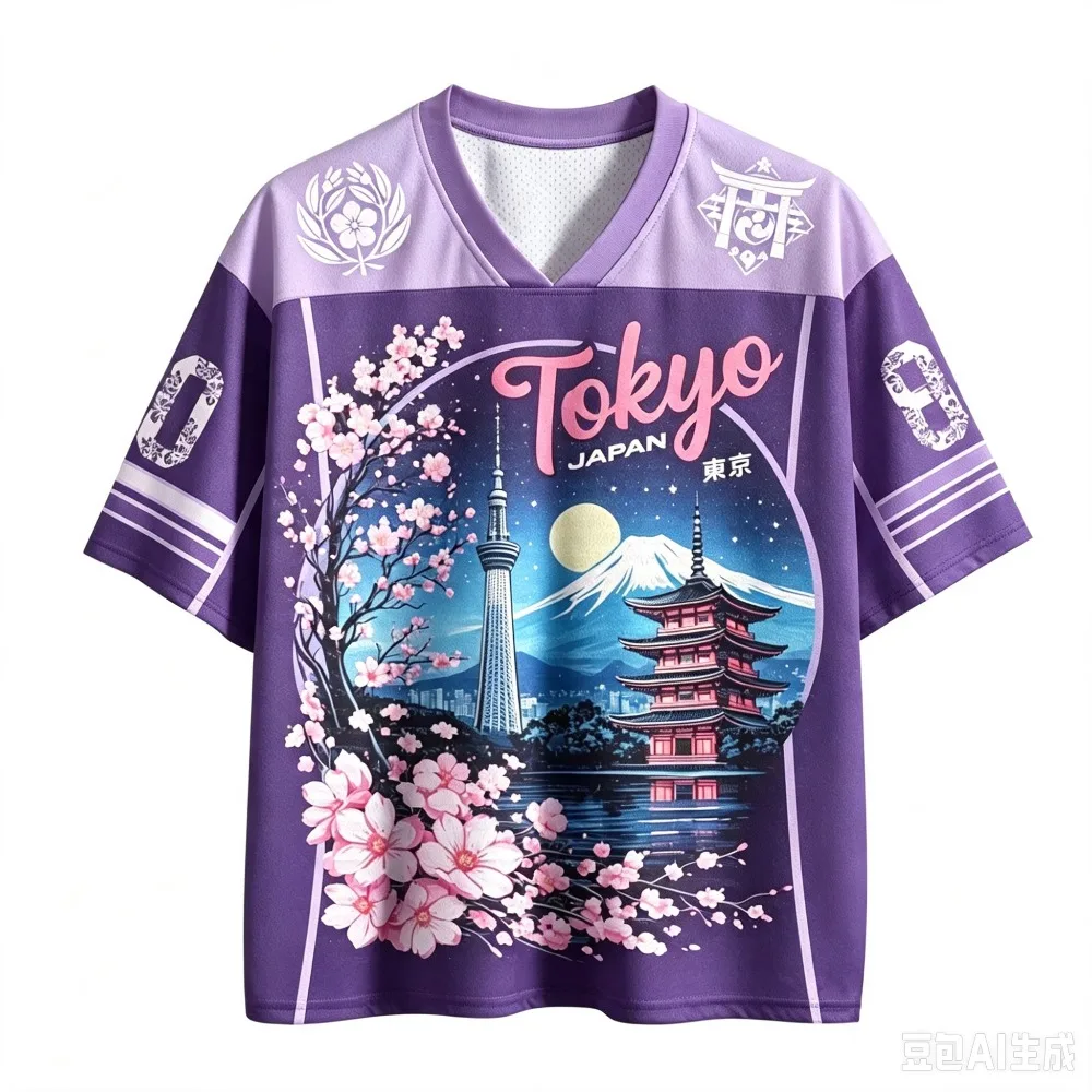 Tokyo Cherry Blossom Mount Fuji Breath Schnelltrocknendes 3D-Druck-T-Shirt mit V-Ausschnitt für Herren und Damen, Outdoor-Freizeitmode, Eltern-Kind-Kleidung – Detail 8
