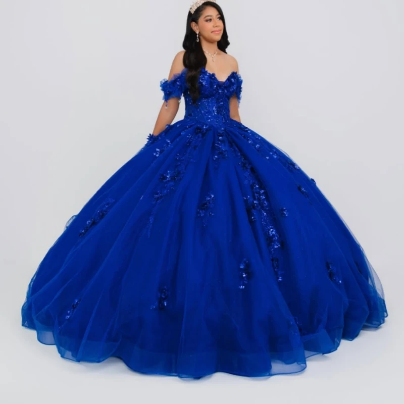 Royal Blue Glitter Quinceanera Dresses Off Shoulder Ball Gown Sweet 16 Dress Applique Flower Beading Bow Tull Party Birthday Vet