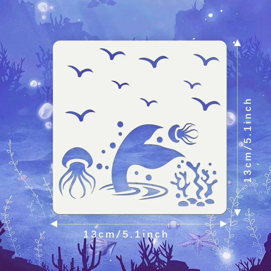 مجموعة استنسل حيوانات بحرية مكونة من 9 قطع مقاس 5.1 بوصة للرسم - قوالب رسم على شكل محيط قابلة لإعادة الاستخدام لديكور قماش خشبي للحائط