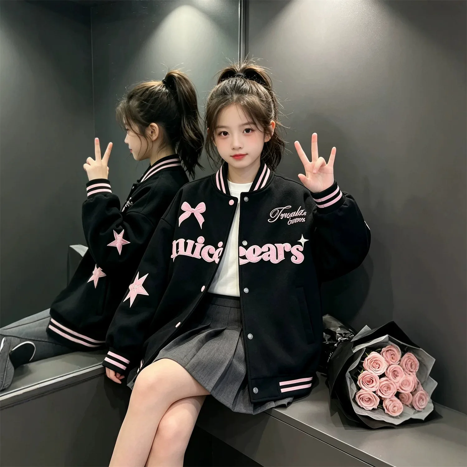 2026 Girls Baseball Jacket Fall New Medium Large Bow Knot Letter Jacket Trendy Student Wear Fall Top