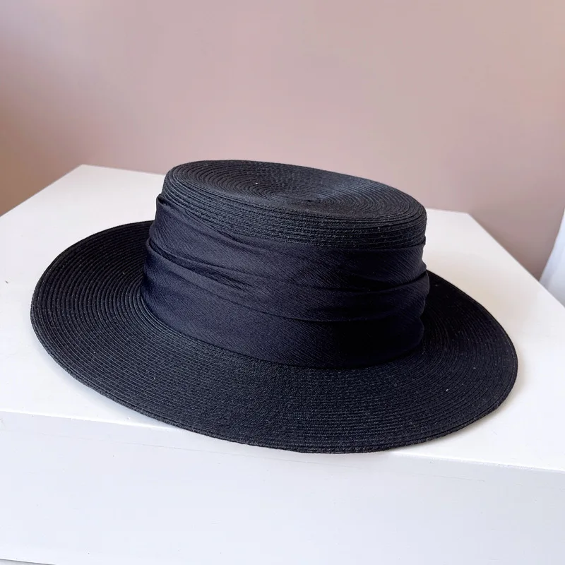 European American Retro Ribbon Wide Brim Hats For Women Elegant Flat Top Fashion Beach Cap Quality Wedding Sombrero Mujer Playa
