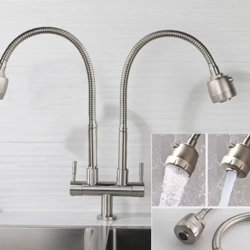 304 Stainless Steel Double Head Sink Tap 2-in-1 Multifunction Pillar Mounted Tap 360° Rotate Convenient Kitchen Water Faucet