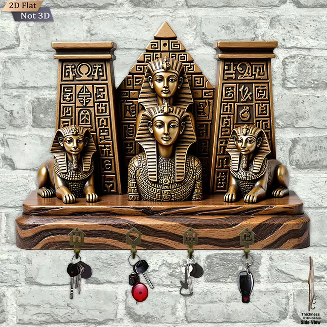 2D flat key holder with Egyptian pharaoh and sphinx print, four hooks, ancient Egypt myth style wall decor.