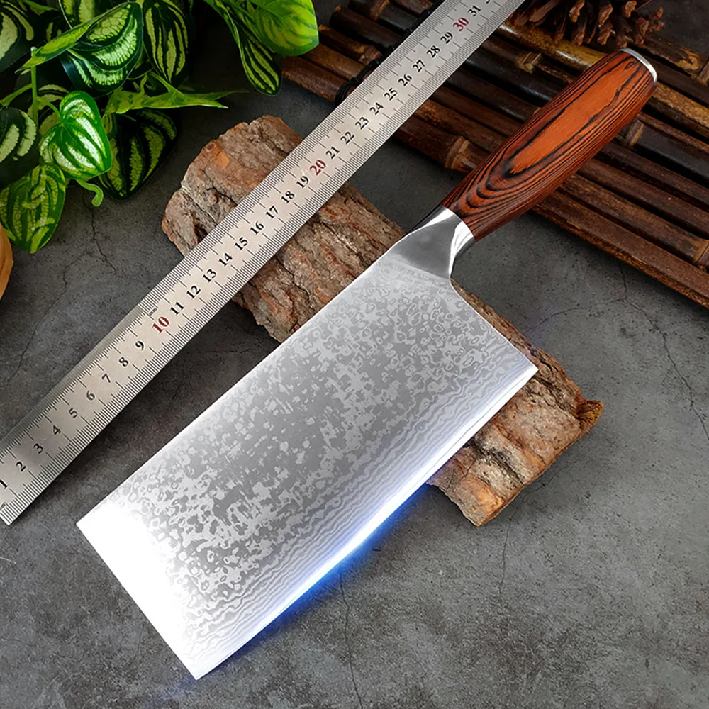 

High Quality Damascus Steel Knife Kitchen Knive Meat Chopping Knife Chinese Cleaver Household Cooking Accessories Wood Handle