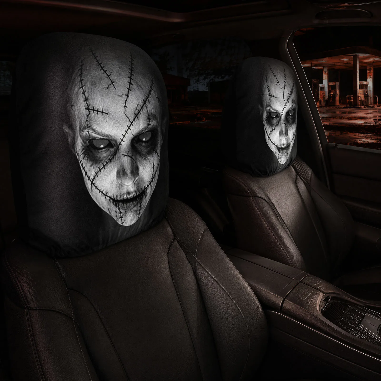 Halloween Ghost Face Car Headrest Covers 2PCS Horror Halloween Elastic Stretch Polyester Auto Pillow Protector Car Interior Deco