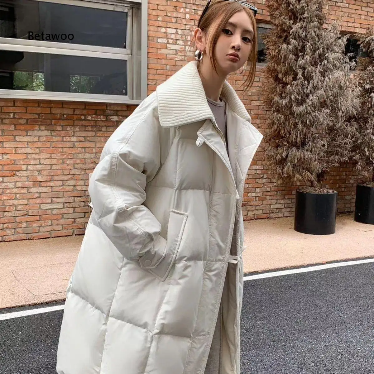 Knitted Collar Double Breasted Long Padded Coat Women Long Sleeve Side Pocket Loose Warm Outerwear for Cold Winter Days