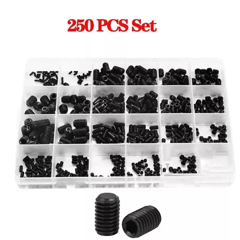 250pcs M3-M8 Grade 12.9 Black Hex Hexagon Socket Allen Cup Point Set Hex Screw Grub Bolt Assortment Kit