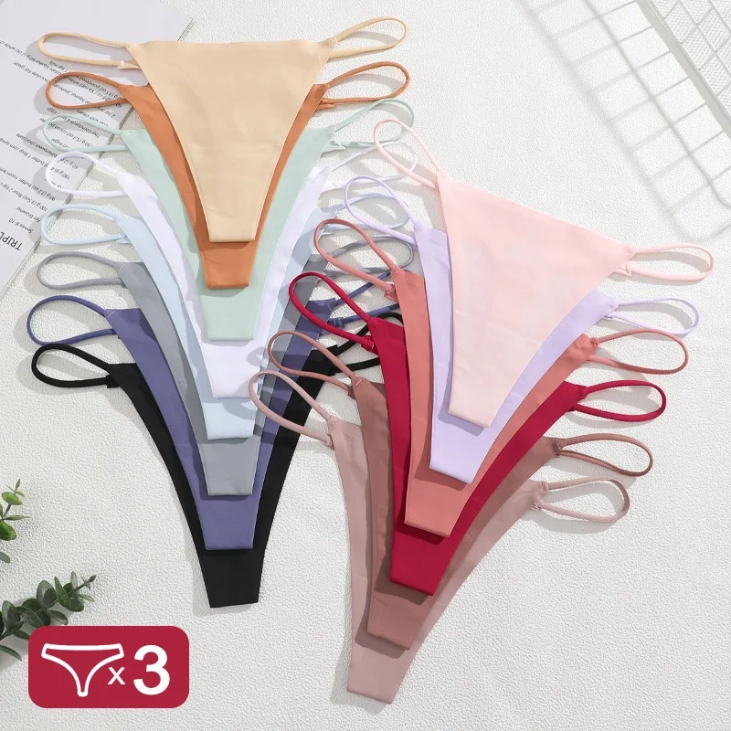 3Pcs/Set Traceless Ice Silk Thongs Panties For Women Sexy Low Rise Elastic Belt Underwear Female Solid Color Breathable G-string