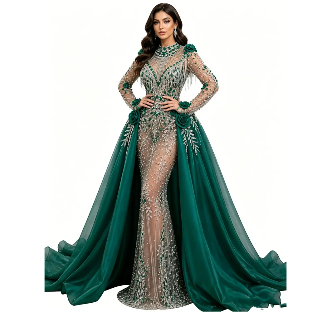 2 In 1 Sage Green Long Sleeves Evening Dresses Vestidos De Fiesta Arabic Beaded Diamonds Engagement Dress Party Night Gowns