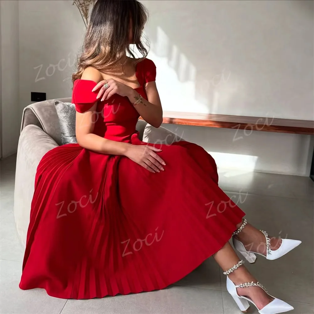 Sukienki na studniówkę z krótkim rękawem Zoci, szyte na miarę, z dekoltem w serduszko, elastyczna satyna, sukienka na formalne przyjęcie, czerwona, damska, formalna suknia ślubna, zaręczynowa.