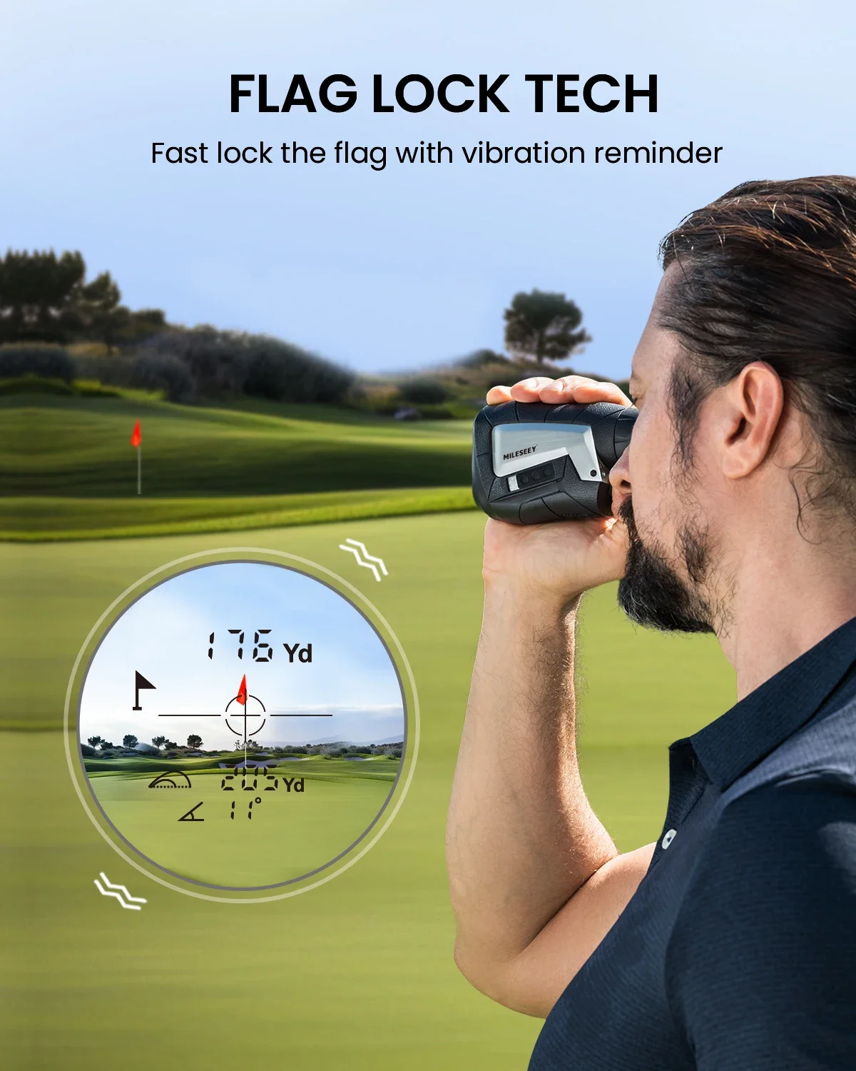 Clear and fast focus golf rangefinder with big volume rechargeable battery Mileseey PF2D golf rangefinder