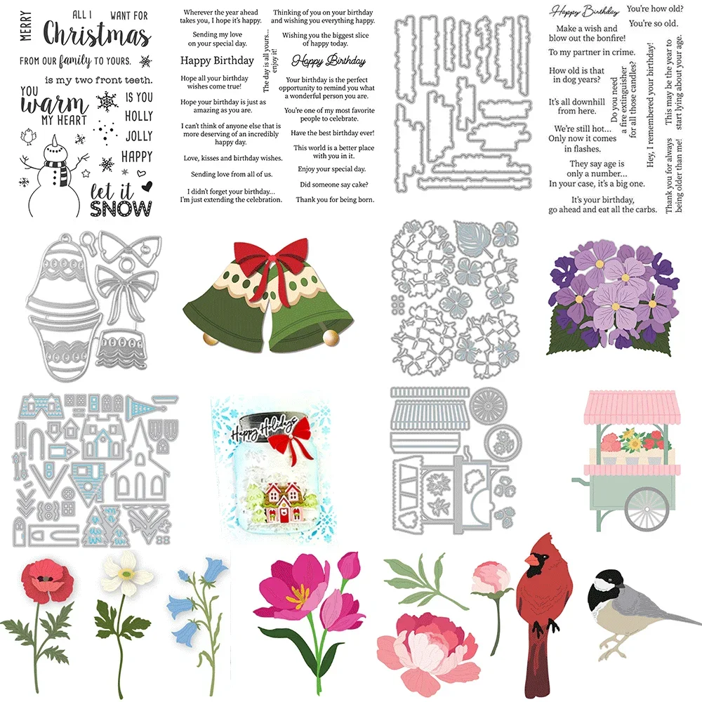 Christmas Birthday Sentiment Clear Stamps & Floral Bird Metal Cutting Dies, Stamp & Die Set for Card Making Scrapbooking DIY