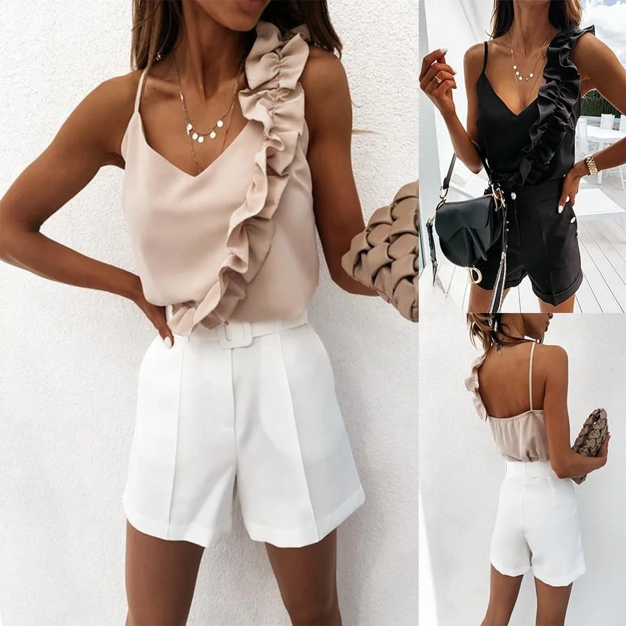 

Summer Wi Bridesmaid Top Women's Sexy Bal Ruffle Hem Strapl Blouse Garden next Brand Pure Color Spring Season