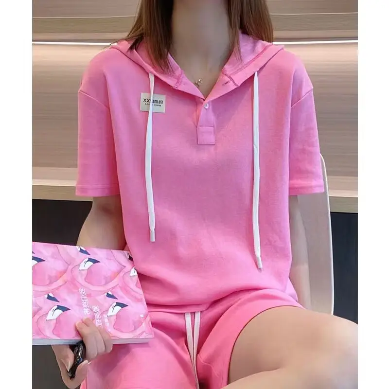 2023 New Summer European Fashion Trend Foreigner Age Reducing Hooded Casual Loose Sweater Short Sleeve Shorts Two Piece Set