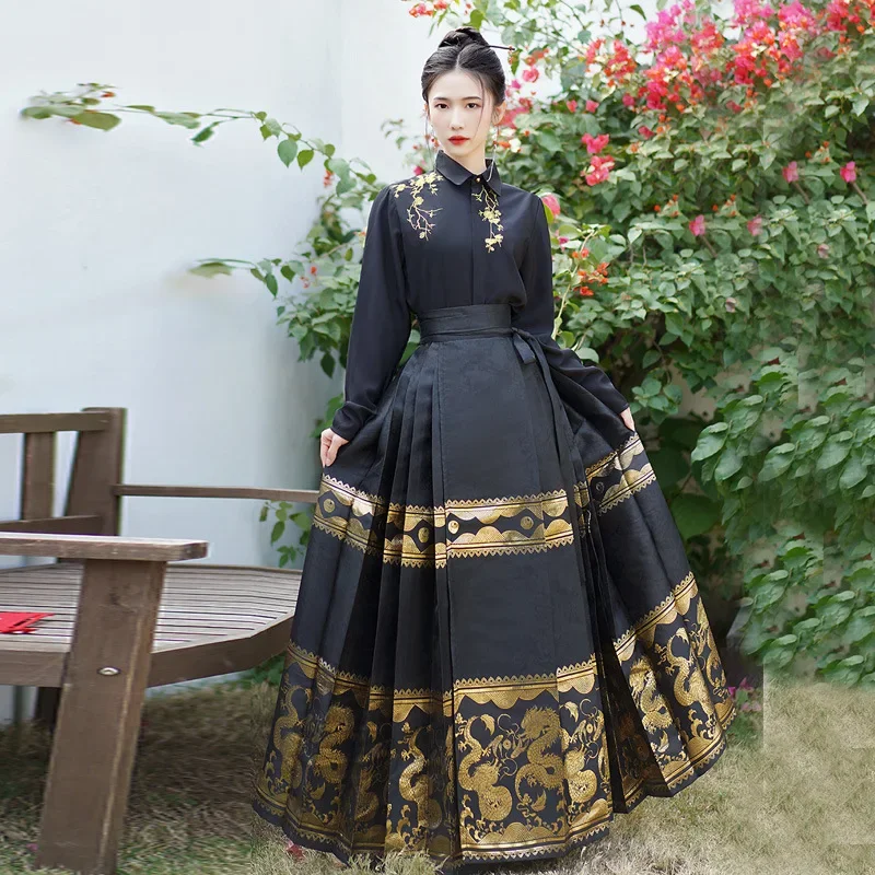 Vestido hanfu de estilo tradicional chinês para mulheres, dinastia Ming original, saia de cavalo preto, elegante camisa vintage, conjunto 2 peças