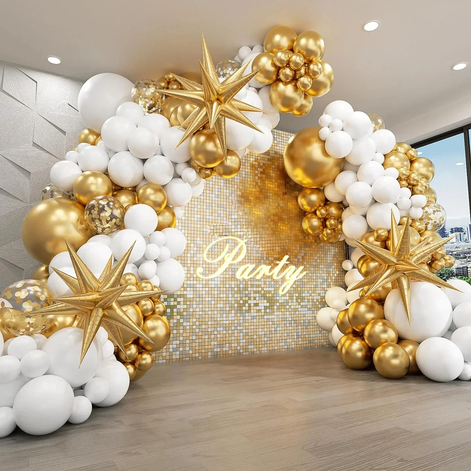 Silver White Sequin Disco Balloon Garland Arch Kit 4D Silver Starburst Foil Balloons for Birthday Party Decorations Supplie