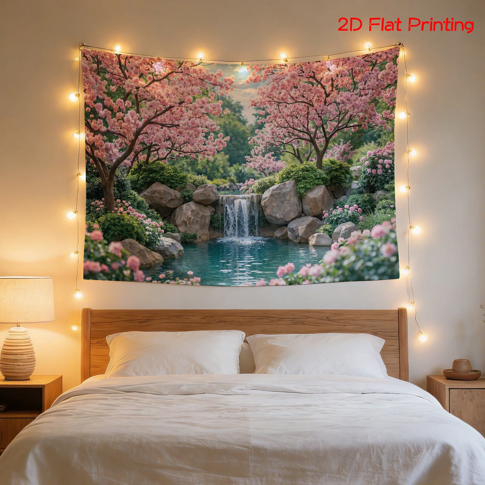 Realistic Cherry Blossom Wall Tapestry Print Large Size Sakura Waterfall Spring Landscape Nature Art Canvas Poster Home Decor Po
