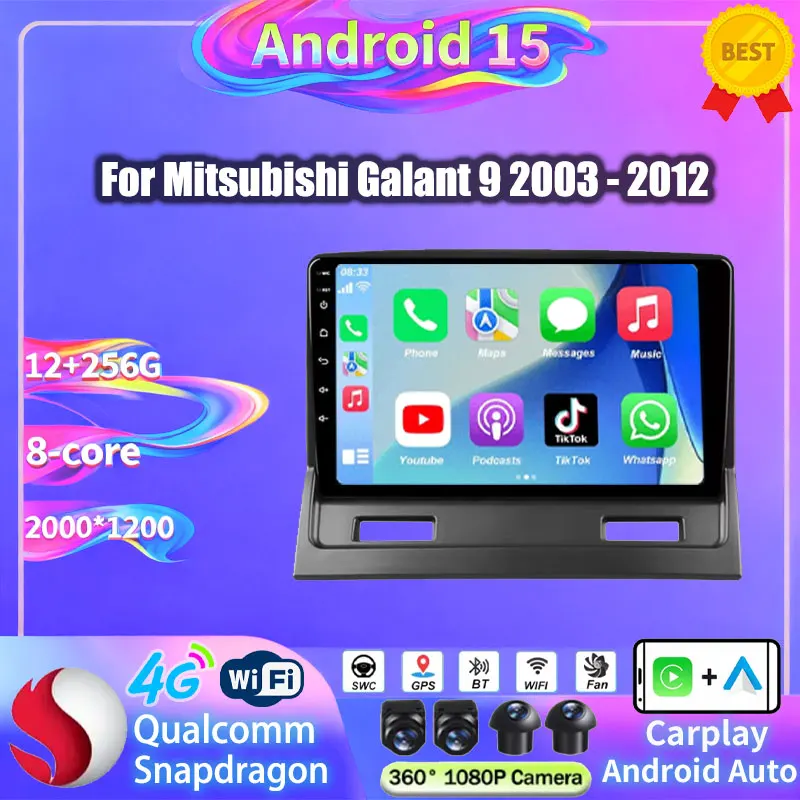Radio de coche Android 15 para Mitsubishi Galant 9 2003 - 2012 Carplay inalámbrico Android Auto QLED reproductor de vídeo Multimedia estéreo 2Din