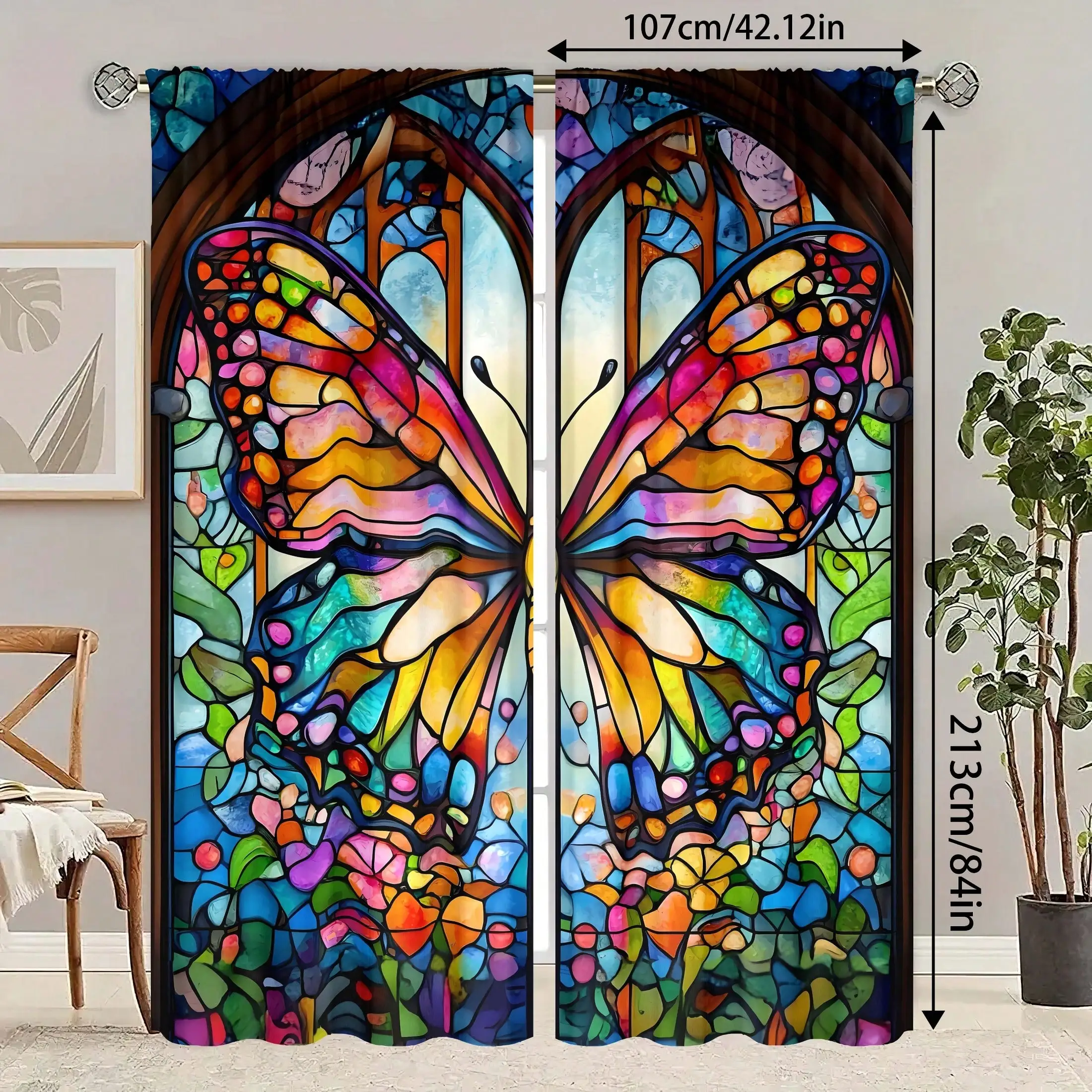 Stained Glass Butterfly Curtain, Colorful Window Drapes Artistic Insect Print Blackout Curtains for Living Room   multiple sizes