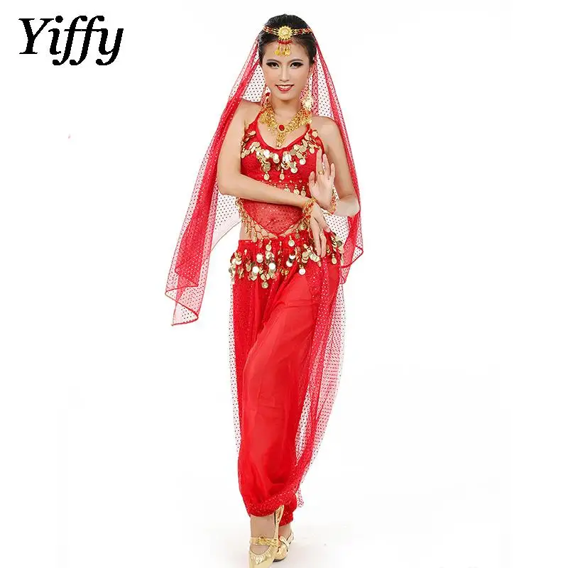 Belly Dance Costumes For Women Coins Lace-up Back Top+ Harem Pants+ Head Scarf Outfit Set Halloween Costume Cosplay for Adults