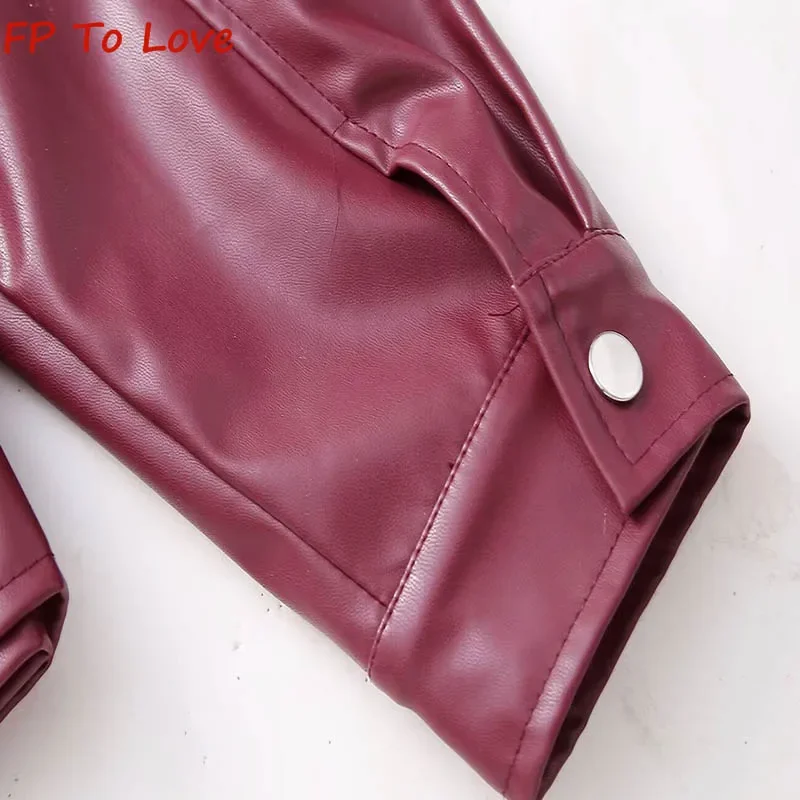 2023 Autumn Winter Female Leather Jacket Coat PB&ZA Woman Red Pocket Trim Lapel Motorcycle Biker Jacket