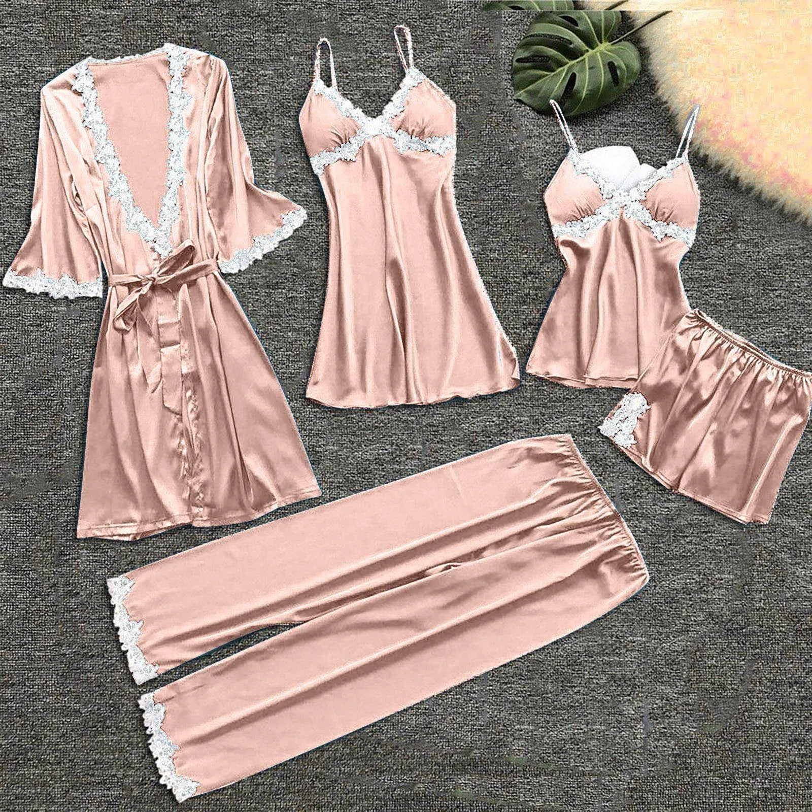 5-piece Women Sexy Garter Lingerie Set Robes Lace Bodysuit Deep-v Neck Underwear Women's Silk Suspender Pajama Dress And Pajama