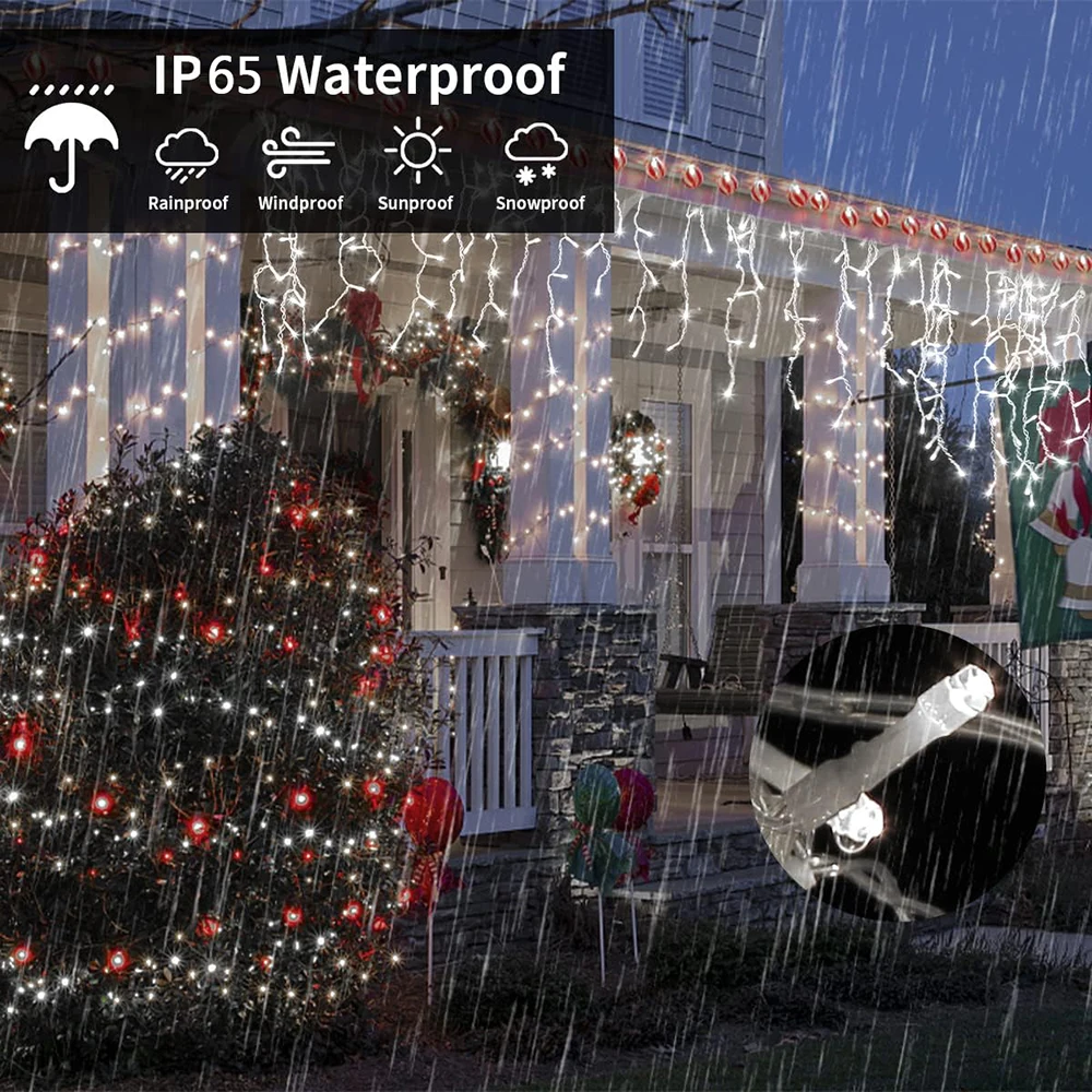 Solar Curtain Icicle Lights Outdoor Eaves Decoration Lights 8 Lighting Modes Wedding Christmas Party Garden Fairy Lights String image 2