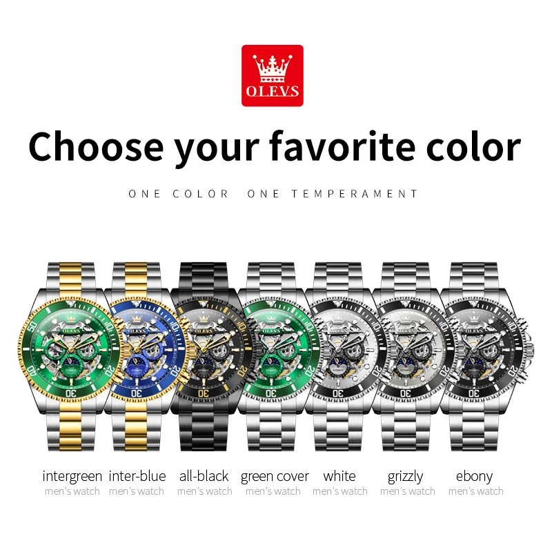 OLEVS 6715 Men's Watch Hollow Date Automatic Mechanical Watch For Men 43mm Big Dial Moon Phase Fashion Waterproof Man Wristwatch
