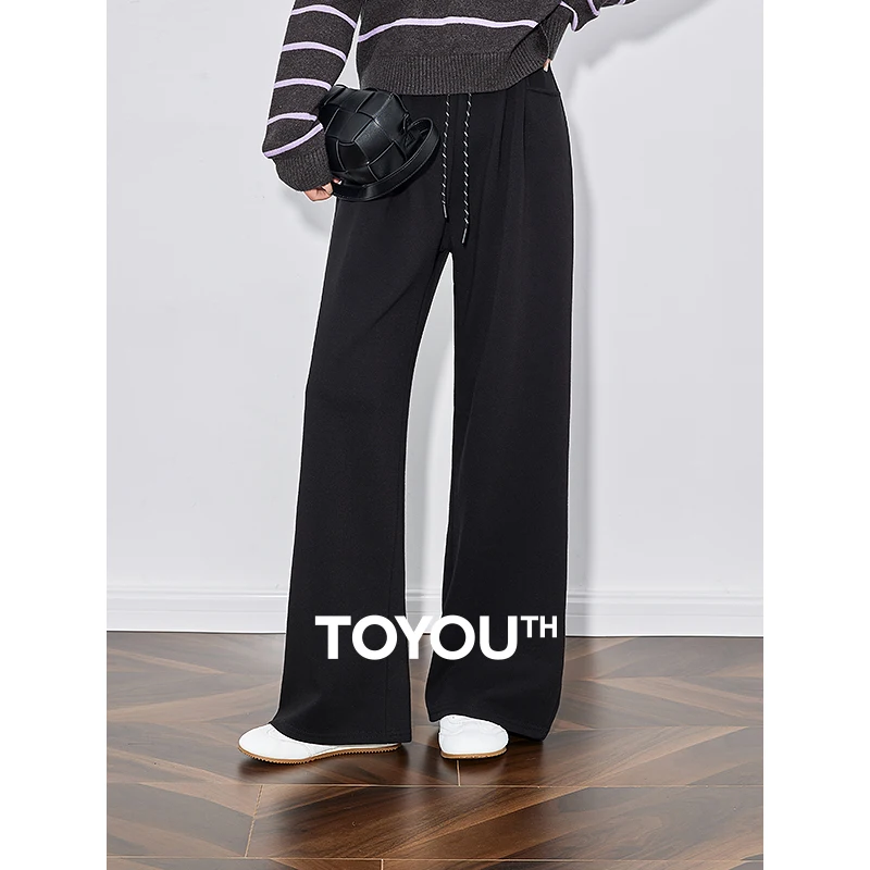 TOYOUTH Women Casual Pants 2025 Spring New Drawstring Elastic Waist Straight Wide Leg Lazy Sweatshirt