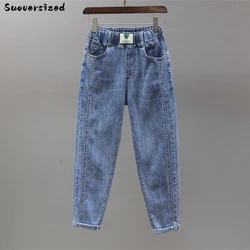 Bleached Cuffs Baggy Jeans Elastic High Waist Ankle Length Harem Pants Straight Denim Trousers Women Vaqueros Korean Pantalones