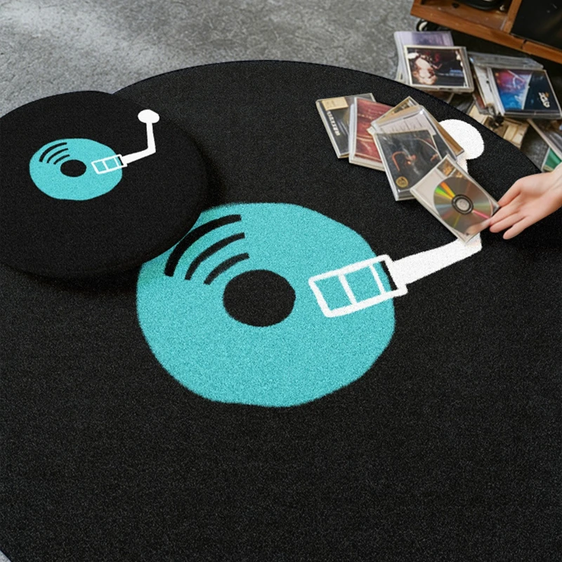 Modern Style Round Carpet Trendy Cool Black Vinyl Record Pattern Bedroom Rugs Advanced Art Home Decor Coffee Table Mats Alfombra