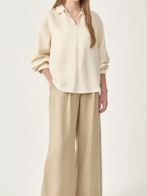 

Women's Basic Sle Long Sve irt Commute Faion Loose Drapey Pleated Turn-down Collar Single-line Early Autumn irt