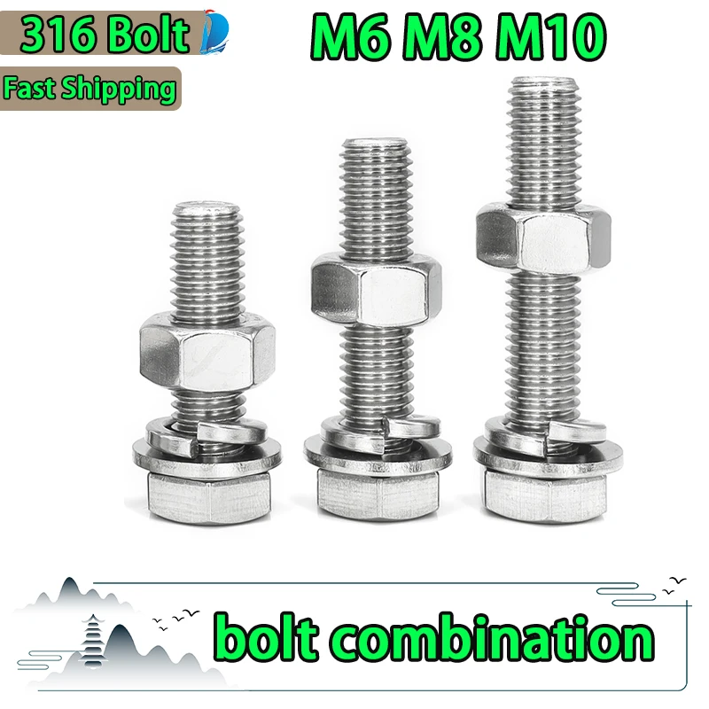 316 Stainless Steel Hexagonal Bolt Screw and Nut Set Extended Screw Washer and Nut Set M6 M8 M10 Extended Screw Combination