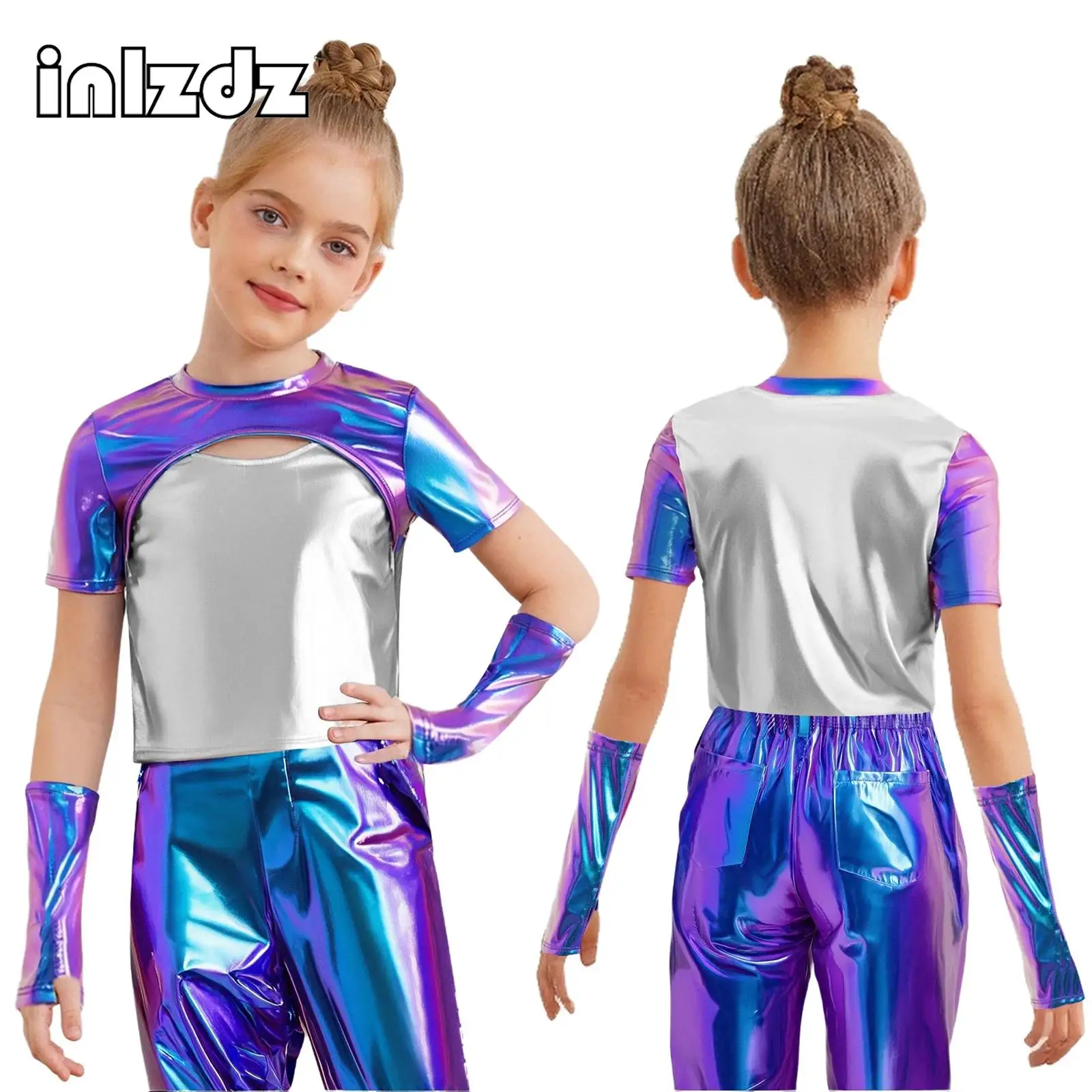 

Kids Girls Hip-Hop Jazz Dance Stage Performance Costumes Streetwear Short Sleeve Cutout Front Metallic Top+Gloves Dancewear Sets