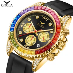 Reloj de cuarzo ONOLA con cinta de silicona para hombre, cronógrafo de alta calidad con diamantes de colores, resistente al agua, a la moda