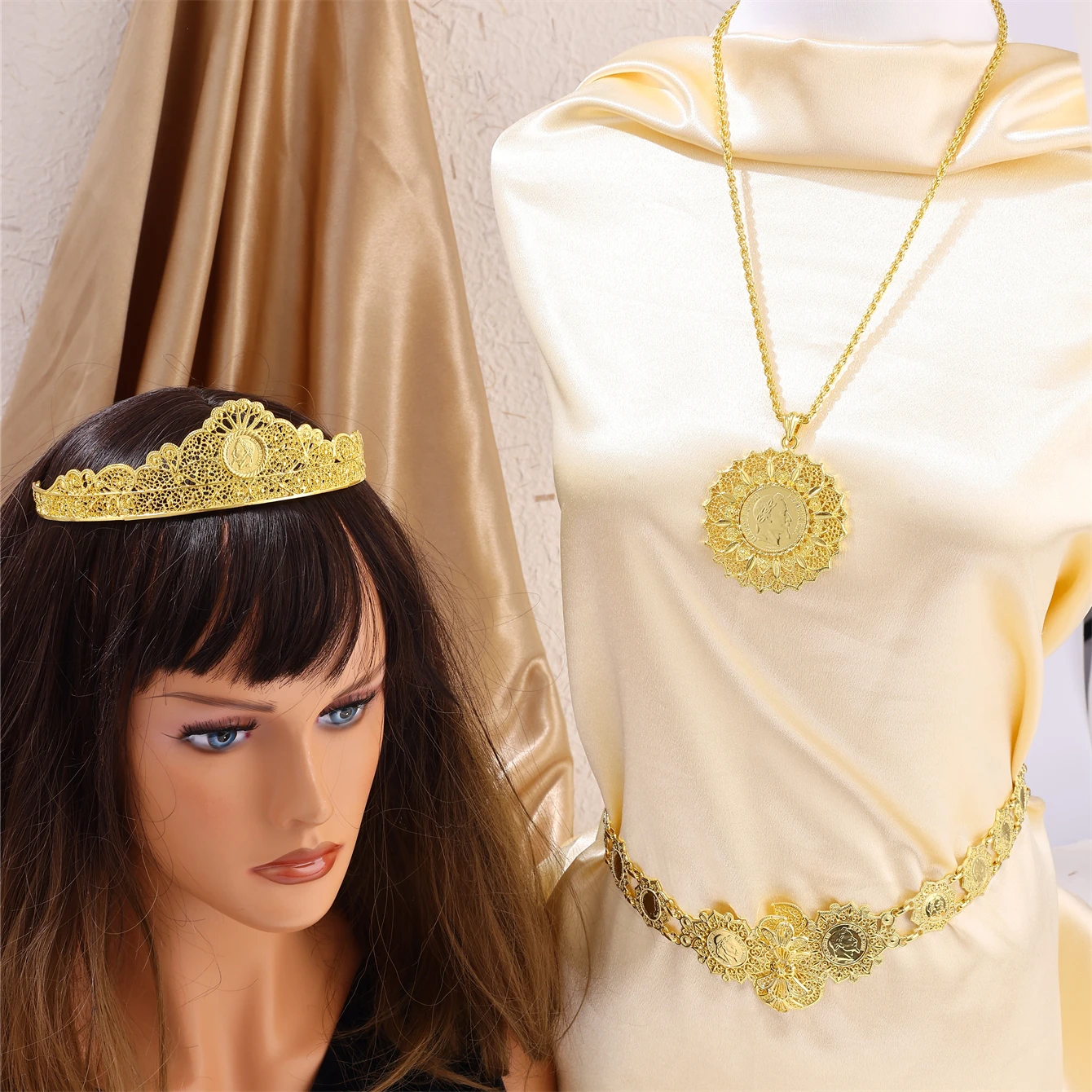 

An Ornate Bride's Allo Jewelry Set Napoléon's Coin-shaped Crown Necklace And Chatelaine Set And French Court Style Lady's Chain