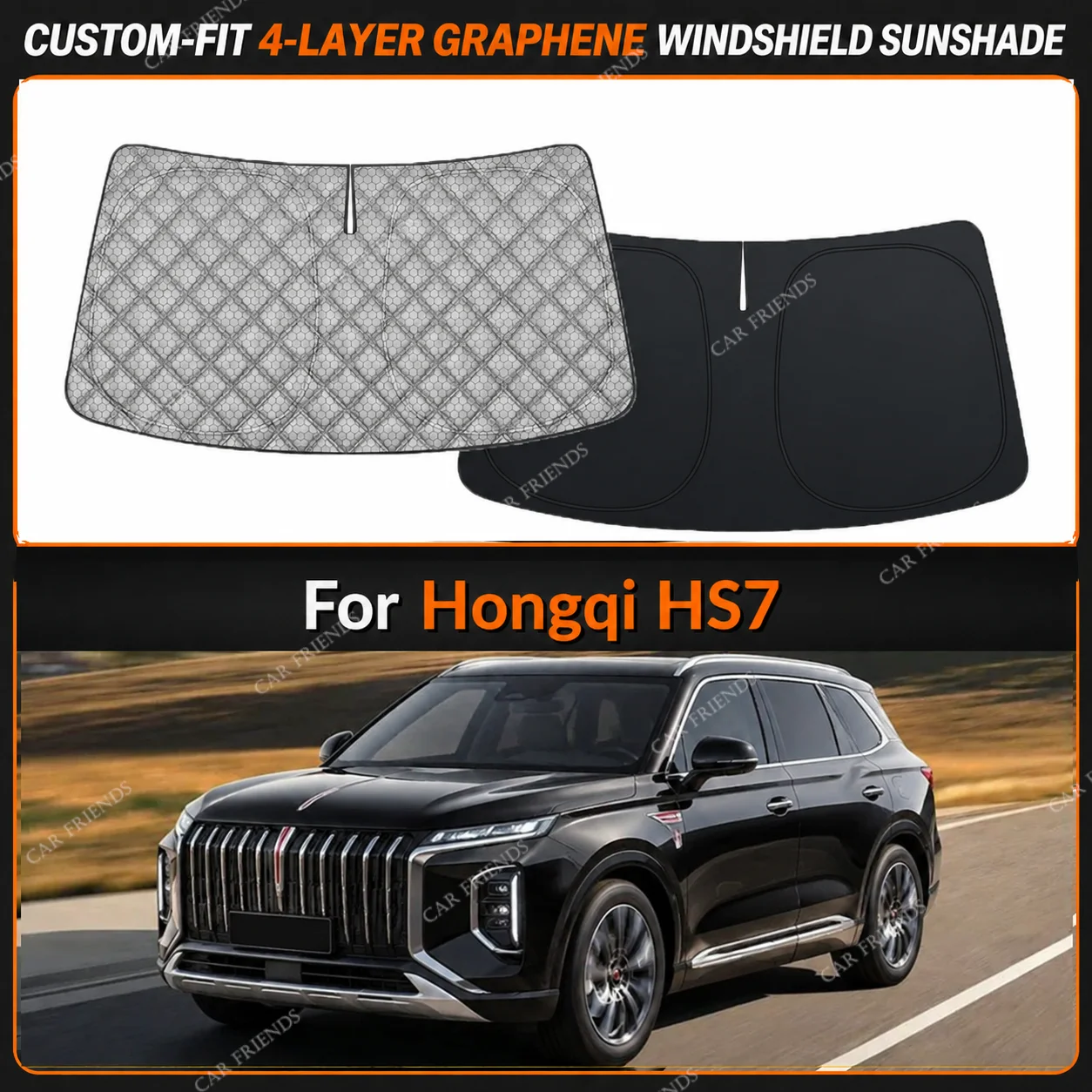 For Hongqi HS7 Custom-Fit 4-Layer Graphene Windshield Sunshade Reflective Gray-Silver Surface Helps Reduce Direct Sunlight