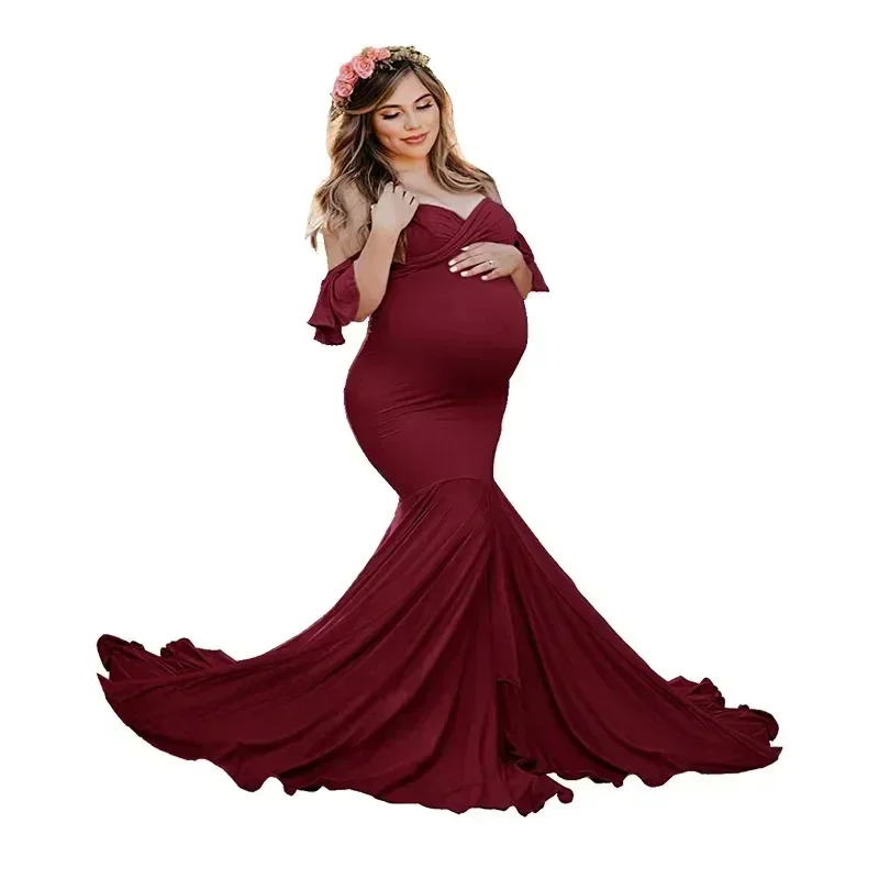 Mermaid Maternity Cotton Dresses Photo Shoot Pregnant Women Sexy Shoulderless Pregnancy Baby Shower Photography Props Clothes