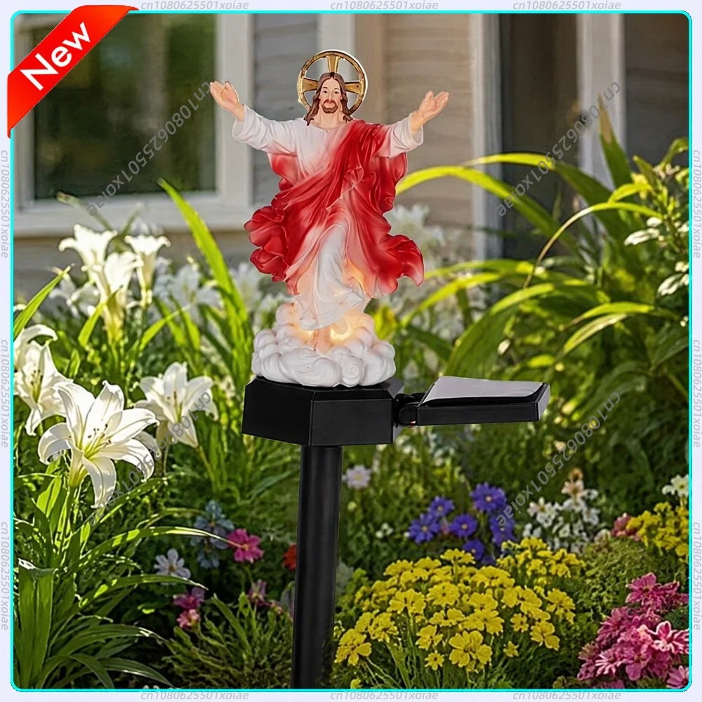 Figurine de Jésus éclairée à énergie solaire avec lampe de nuit lumineuse et sculpture polyvalente de la bénédiction pour la décoration de jardin, terrasse et pelouse