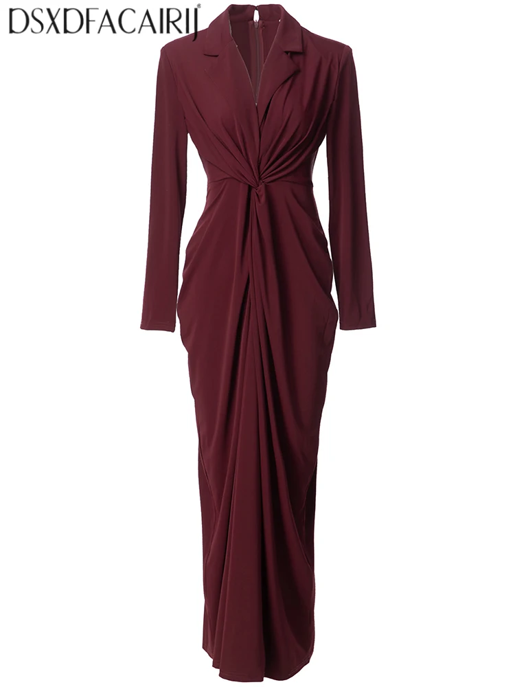 

DSXDFACAIRIJ Women's Notched Long Sleeves Shirring Solid Temperament Office Lady Slim Pencil Dresses Fashion Autumn Female