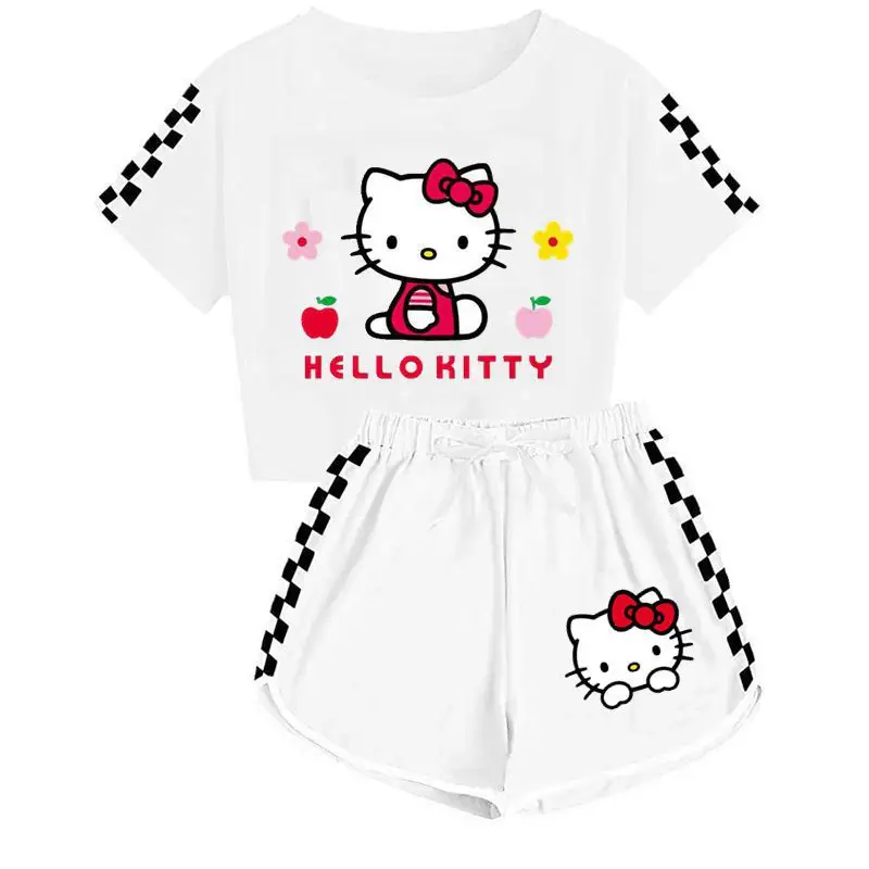 Sanrio Cartoon Shirts Shorts Set Cinnamoroll Hello Kitty Soft Pajamas Short Sleeve Set Gym Suit Summer Sport Clothes Girls Gift