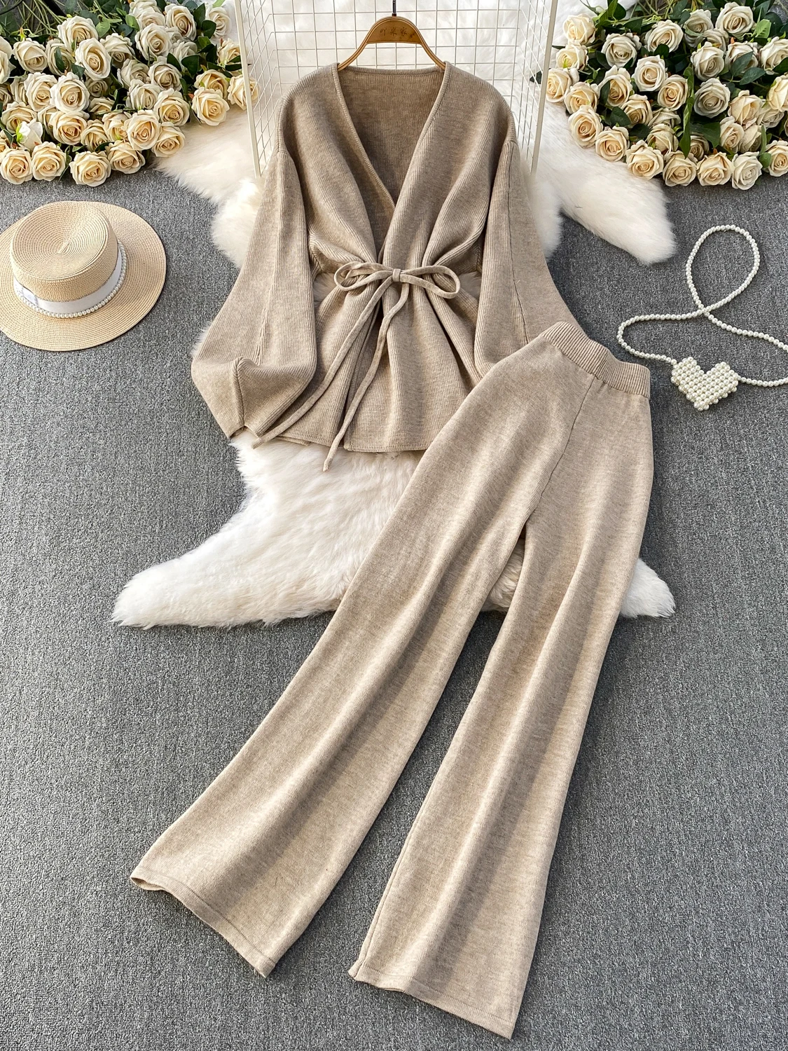 Setelan Fashion Wanita Ele Autumn Winter Batwing Sve Casual Cross Tie Waist Slimming Jaet plus Celana Kaki Lebar Pinggang Tinggi