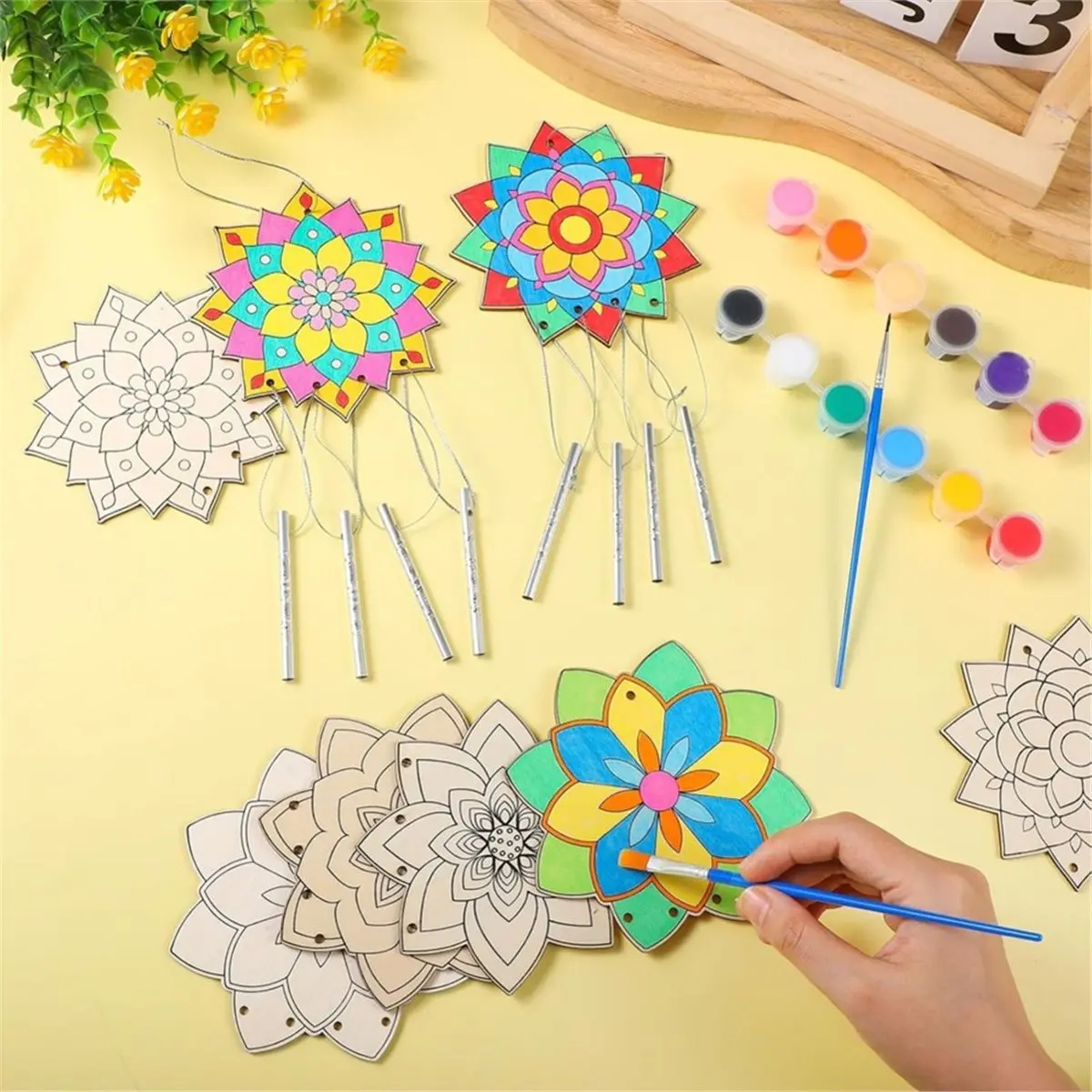 2026 New 12 Sets Flower Wind Chimes Craft for Kids,DIY Windchime Unfinished Wood Coloring Kit for Gifts and School Party Supplie