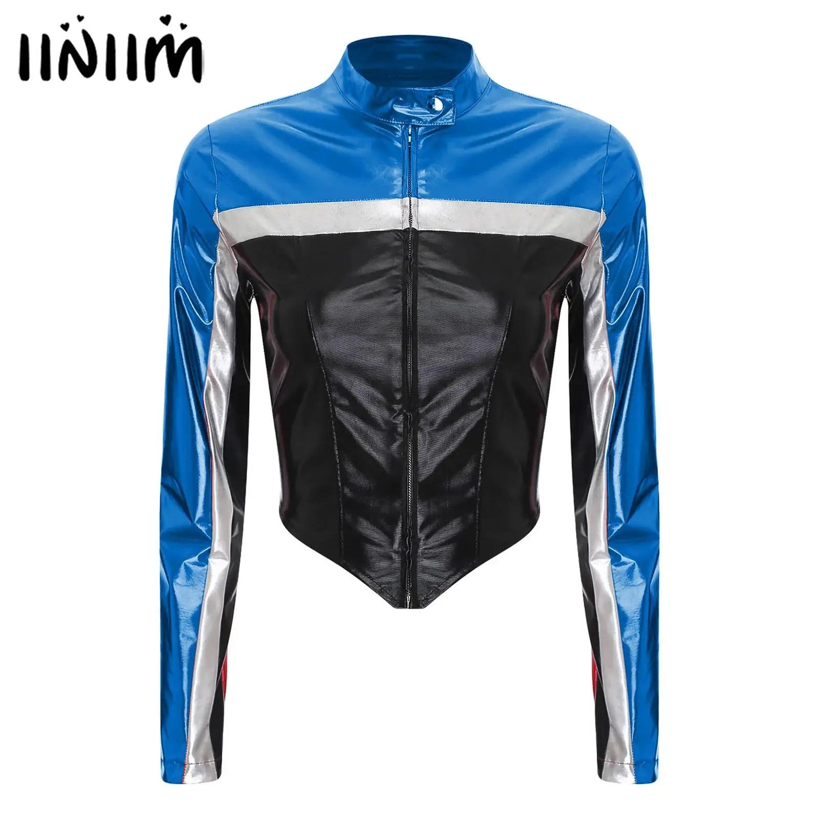 

Womens Metallic Contrast Outerwear Shiny Driving Racing Jackets Cosplay Costume Long Sleeve Stand Collar Front Zip Cropped Coat