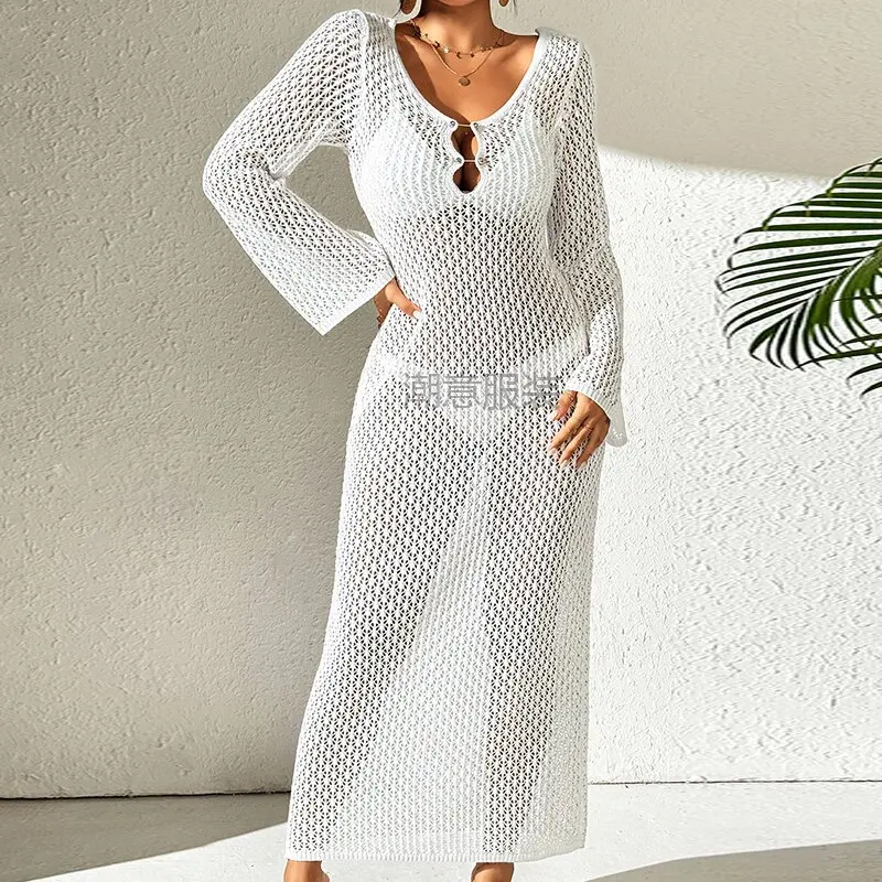 Robe longue à col en V amissié pour femme, cover-up pour maillot de bain, tenue de plage, vêtements féminins, manches longues, bouton rond, sexy, vacances, soleil, 2024