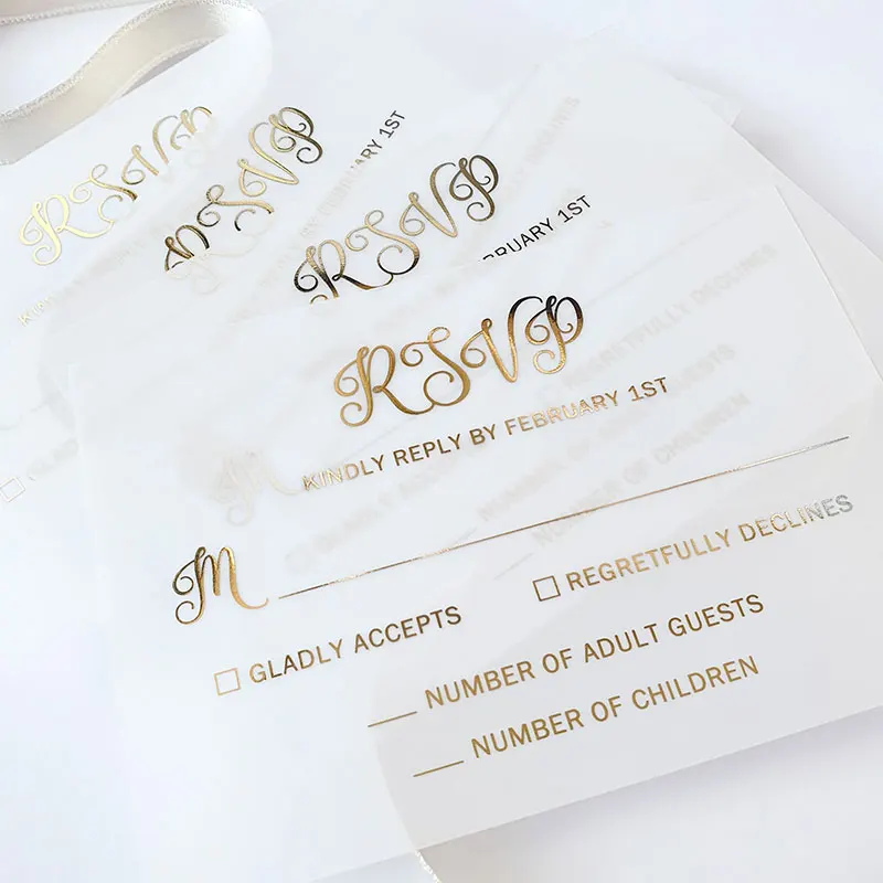 Custom Date Gold Foil Vellum RSVP Card & Envelope Wedding Invitation Reply Inserts Wedding Invitation Reply  Cards