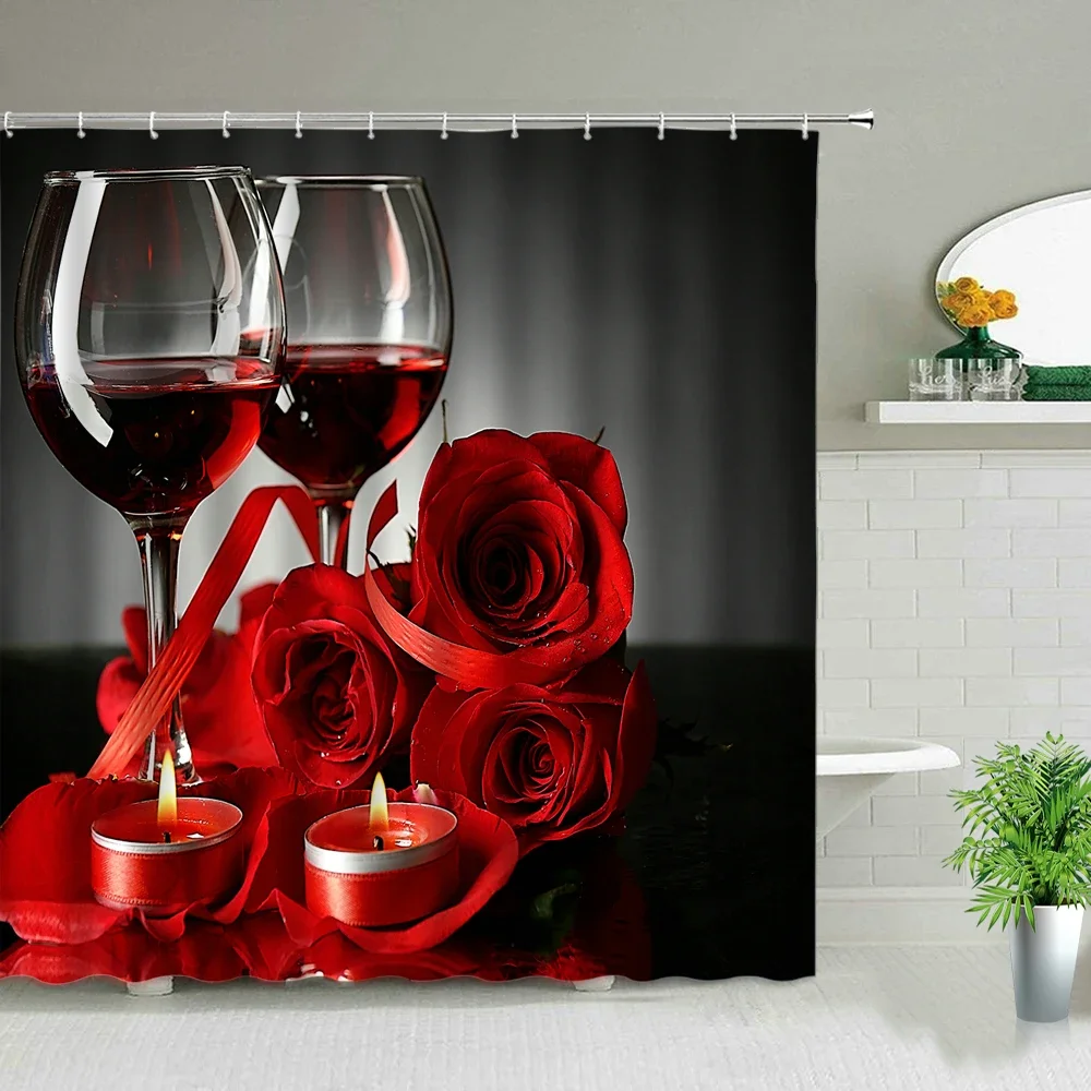 Red Rose Flower Shower Curtains Set Romantic Valentine\'s day Home Decor Hanging Curtain Beautiful Floral Plant Bathroom Curtain